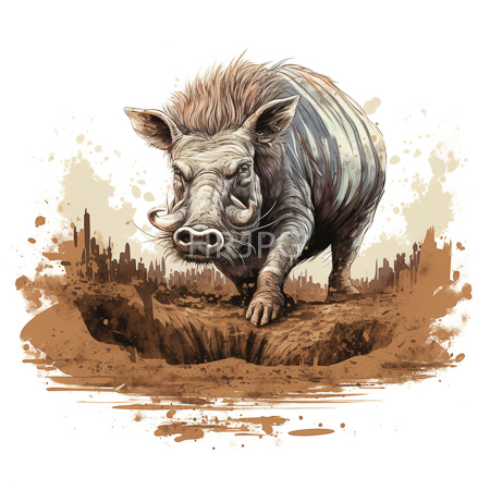High Resolution: Aggressive wild boar with prominent tusks and a striped pattern charging forward from muddy terrain towards a jagged cityscape download. | HRJPG.com