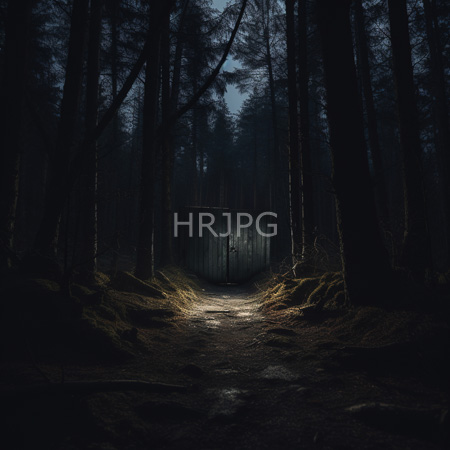 High Resolution: Eerie dark forest at night with tall trees and dense foliage illuminated by moonlight on a dirt path leading to a weathered wooden gate download. | HRJPG.com