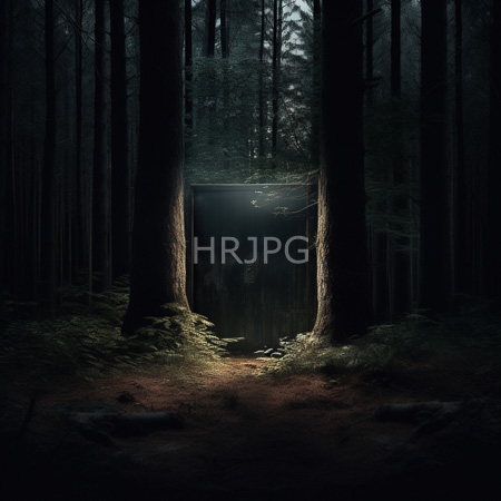 High Resolution: Eerie forest scene at dusk featuring tall trees and a dim light illuminating two central tree openings with shadowy figures standing within download. | HRJPG.com