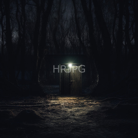 High Resolution: Eerie dark forest at night with leafless trees a small wooden shed is illuminated by bright green light from within its open door download. | HRJPG.com