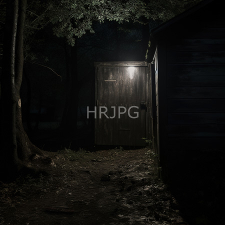 High Resolution: Eerie dim-lit forest path at night leading to a wooden door illuminated by soft light from above with dark trees on both sides download. | HRJPG.com