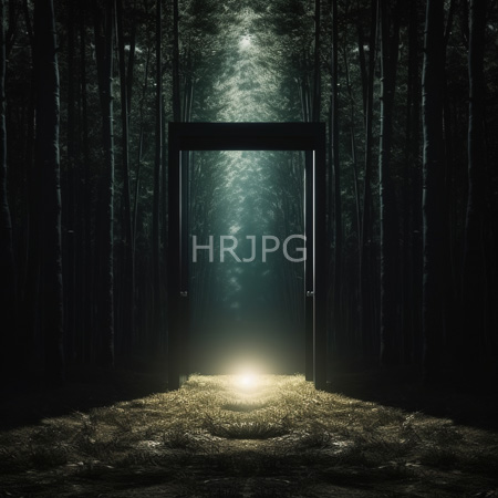 High Resolution: Eerie forest scene featuring tall dark bamboo trees surrounding a black-framed doorway with light pouring through onto grassy ground download. | HRJPG.com