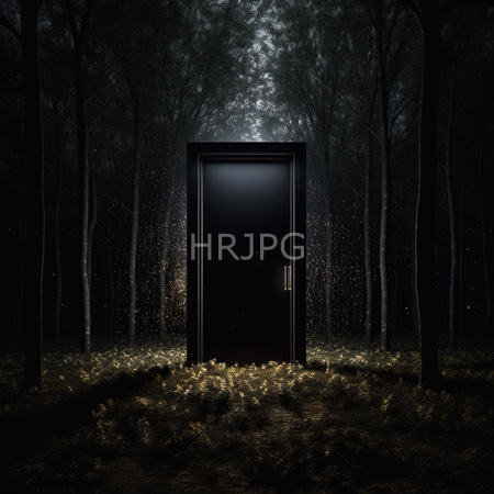 High Resolution: Eerie dark forest at night with tall trees surrounding a black door illuminated from within by soft light casting shadows on the ground download. | HRJPG.com