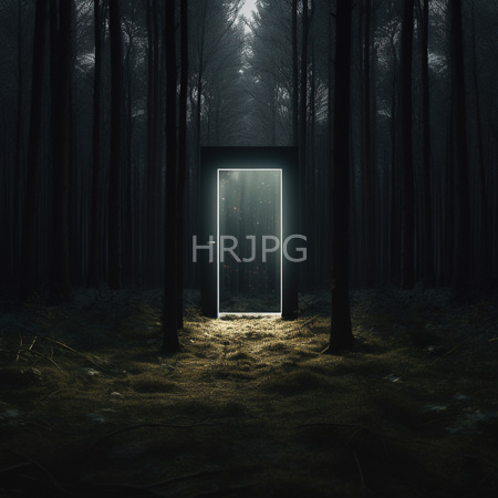 High Resolution: Eerie forest at night featuring tall dark trees and a glowing rectangular doorway centered in front with bright white light download. | HRJPG.com