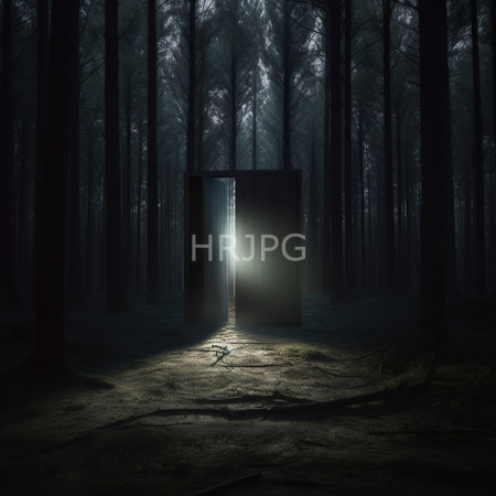 High Resolution: Eerie dark forest at night with tall trees and dense fog a central rectangular metal structure emits bright light from its open doorway download. | HRJPG.com