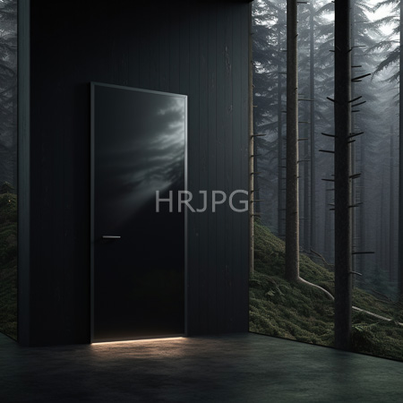 High Resolution: Eerie modern forest scene featuring a dark wooden door with subtle light seeping from its bottom edge against a black-paneled wall download. | HRJPG.com
