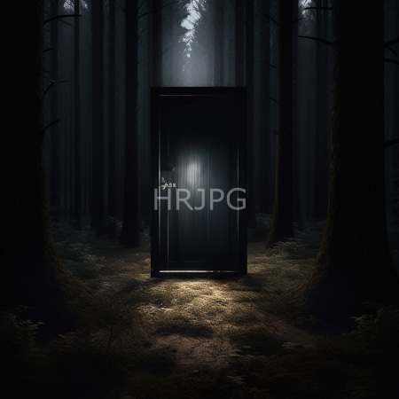 High Resolution: Eerie dark forest with tall trees and dense fog a solitary black wooden door slightly illuminated by soft light from above download. | HRJPG.com