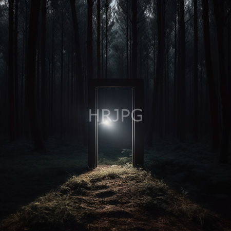 High Resolution: Eerie forest at night featuring tall trees a rectangular metal frame stands centered on the ground with bright light emanating from behind it download. | HRJPG.com