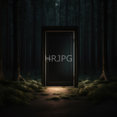 High Resolution: Eerie dark wooden door centered in a dim forest at night illuminated by soft light from below and surrounded by tall trees download. | HRJPG.com