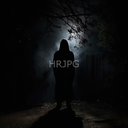 High Resolution: Silhouetted figure in dark hooded clothing standing on an uneven path at night under moonlight and misty fog with tree branches overhead download. | HRJPG.com