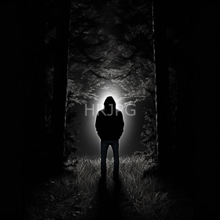High Resolution: Black-and-white anonymous person standing in a dark forest facing away from the camera with a hood up silhouetted against bright light download. | HRJPG.com