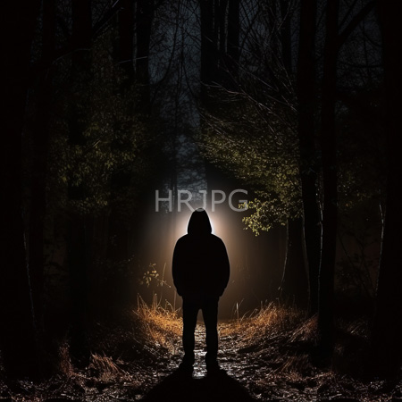 High Resolution: Silhouetted person in a hooded jacket standing on a forest path at night back facing the camera with dim moonlight creating a halo effect download. | HRJPG.com