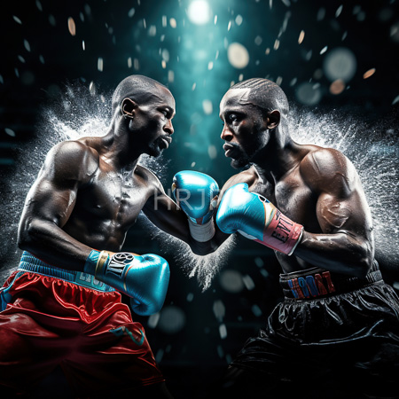 High Resolution: Two muscular dark-skinned male boxers in an intense mid-fight pose with dynamic water splashes around them under bright studio lights download. | HRJPG.com