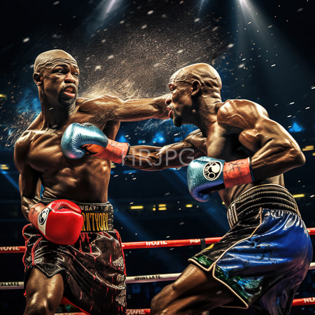High Resolution: Two muscular bald Black male boxers in an intense mid-fight one delivering an uppercut to the opponent's chest with blue gloves download. | HRJPG.com