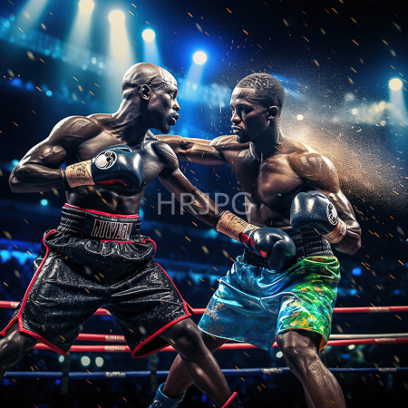 High Resolution: Two muscular Black male boxers in an intense mid-fight one punching the opponent wearing colorful green-yellow patterned trunks amidst sweat droplets download. | HRJPG.com