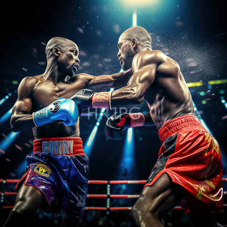 High Resolution: Two muscular shirtless Black male boxers in mid-fight one with blue shorts and gloves punching a red-gloved opponent download. | HRJPG.com