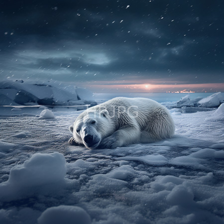 High Resolution: Adult polar bear lying on snowy Arctic terrain at night under starry skies with snowflakes falling gently near dark blue icebergs download. | HRJPG.com