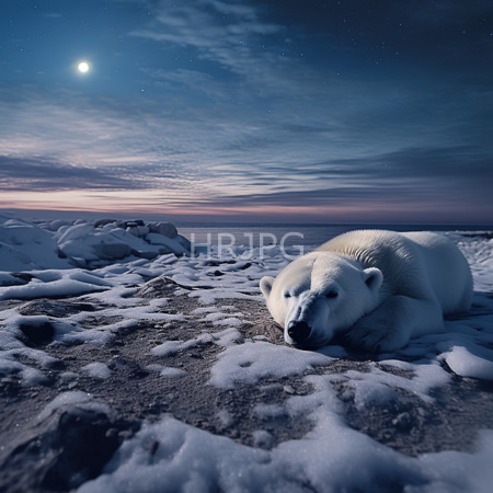High Resolution: Two sleeping polar bears on snowy rocky terrain under an evening sky with moonlight and starry clouds one lying partially over the other download. | HRJPG.com