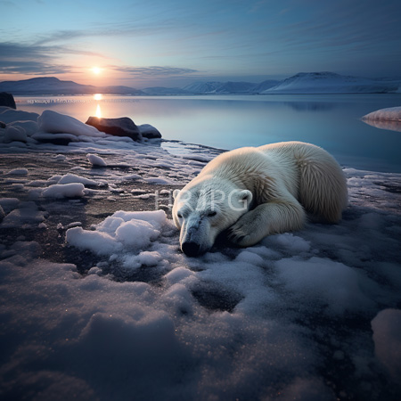 High Resolution: Arctic sunset featuring a large white polar bear resting on snow-covered ground near calm water with reflections and distant icebergs download. | HRJPG.com