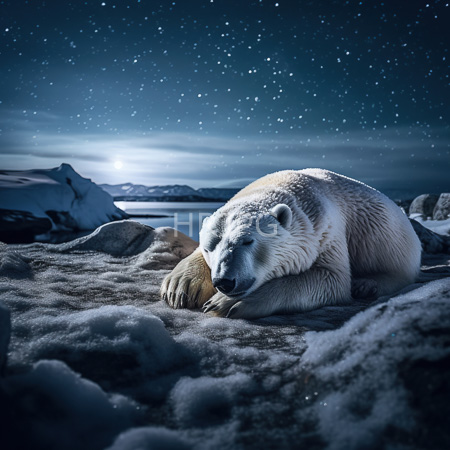 High Resolution: Adult polar bear sleeping on snowy terrain under a starry night sky surrounded by rocky ice formations and distant snow-covered mountains download. | HRJPG.com