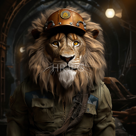High Resolution: Anthropomorphic lion with golden eyes wearing a brown military-style helmet and green uniform adorned with patches in dim industrial lighting download. | HRJPG.com