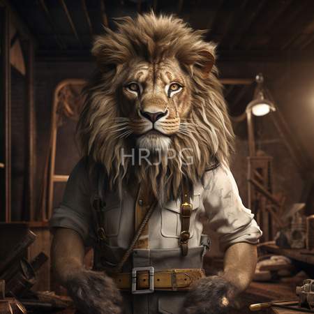 High Resolution: Anthropomorphic lion with detailed fur and mane wearing a white shirt adorned by brown leather straps standing in a dim workshop with wooden tools download. | HRJPG.com