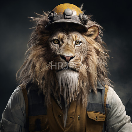 High Resolution: Anthropomorphic lion wearing vintage mining gear including a yellow hard hat with a headlamp and brown vest download. | HRJPG.com