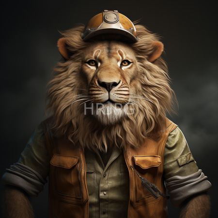 High Resolution: Anthropomorphic lion with golden-brown fur wearing a brown leather vest over a green shirt and copper mining helmet with a serious expression download. | HRJPG.com