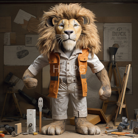 High Resolution: Anthropomorphic lion standing in a cluttered workshop wearing white overalls and an orange vest with scattered tools download. | HRJPG.com