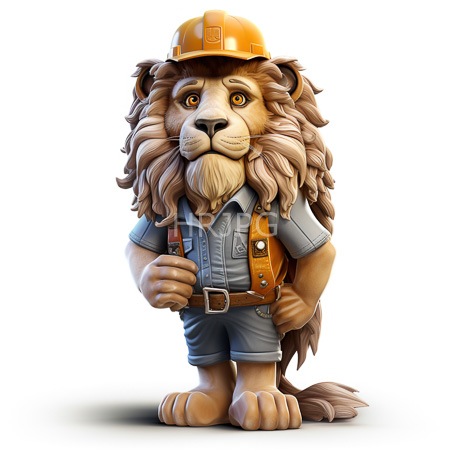 High Resolution: Anthropomorphic lion with brown fur and a large wavy mane wearing blue overalls and an orange hard hat holding a tool download. | HRJPG.com