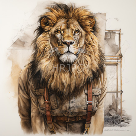 High Resolution: Detailed realistic watercolor and ink drawing of an anthropomorphic lion wearing brown suspenders over beige work clothes download. | HRJPG.com