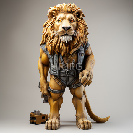 High Resolution: Anthropomorphic lion with muscular build wearing a black leather vest over his bare chest holding a small gun download. | HRJPG.com