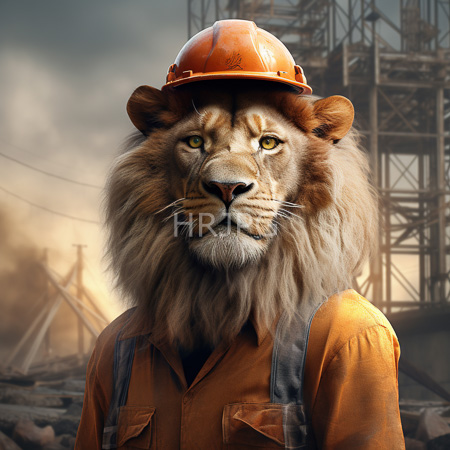 High Resolution: Anthropomorphic lion wearing an orange safety helmet and matching work shirt over gray suspenders against industrial scaffolding and smoky ruins download. | HRJPG.com