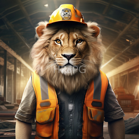 High Resolution: Anthropomorphic lion wearing an orange construction helmet and vest over a gray shirt standing in a dim industrial warehouse with beams overhead download. | HRJPG.com