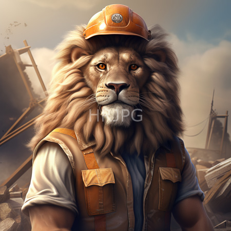 High Resolution: Anthropomorphic lion wearing construction gear including a brown safety vest and orange hard hat against a cloudy sky featuring cranes download. | HRJPG.com