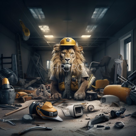 High Resolution: Anthropomorphic lion wearing a yellow hard hat and gray work shirt standing in a cluttered construction site with scattered tools download. | HRJPG.com