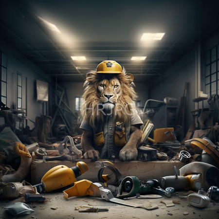 High Resolution: Anthropomorphic lion wearing a yellow hard hat and gray work shirt standing in a cluttered workshop with scattered tools on a wooden table download. | HRJPG.com