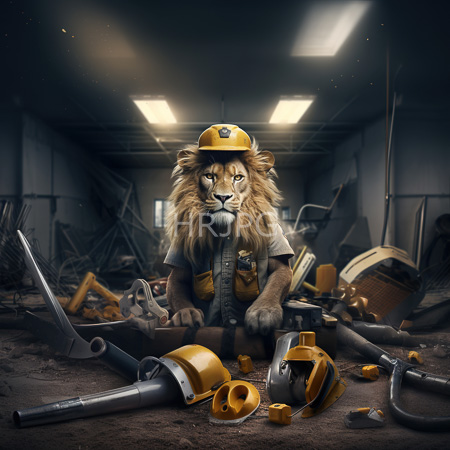 High Resolution: Anthropomorphic lion wearing a yellow hard hat and blue work shirt surrounded by construction tools in disarray within a dim industrial warehouse download. | HRJPG.com