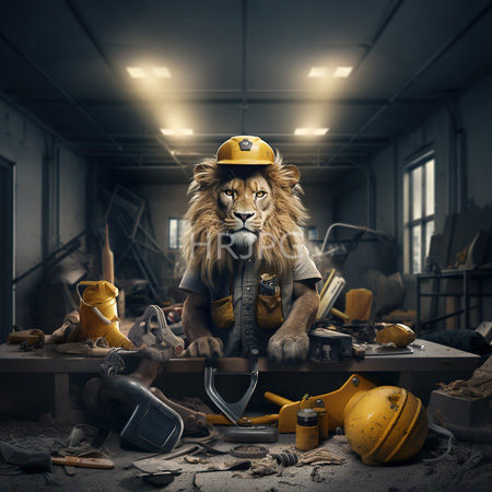 High Resolution: Anthropomorphic lion wearing a yellow hard hat and gray work shirt standing in a cluttered construction workshop with tools scattered around download. | HRJPG.com