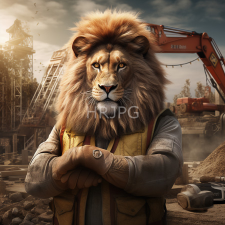 High Resolution: Anthropomorphic lion with golden fur and dark mane wearing work clothes stands confidently in front of construction equipment on a dusty site download. | HRJPG.com