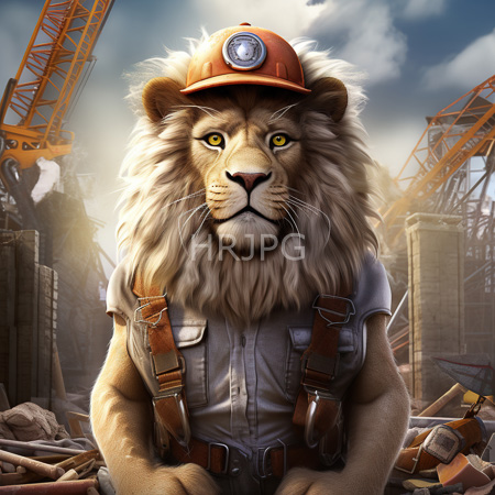 High Resolution: Anthropomorphic lion with golden eyes wearing brown overalls and an orange hard hat set in an industrial construction site amidst cranes and rubble download. | HRJPG.com