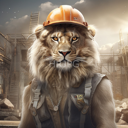 High Resolution: Anthropomorphic lion with golden eyes wearing an orange construction helmet and a gray work vest set against a cloudy sky with scaffolding structures download. | HRJPG.com