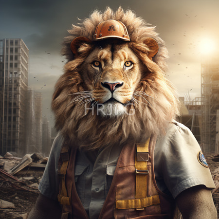 High Resolution: Anthropomorphic lion with golden fur and amber eyes wearing a construction worker's helmet and suspenders in post-apocalyptic ruins download. | HRJPG.com
