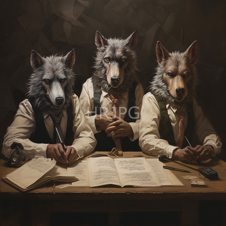 High Resolution: Three anthropomorphic wolves in Victorian attire seated at an old wooden desk with open books and writing tools looking intently forward download. | HRJPG.com