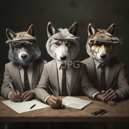High Resolution: Three anthropomorphic wolves in business suits wearing paper headbands over their eyes sit at wooden desks writing on papers with pens download. | HRJPG.com