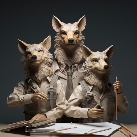 High Resolution: Three anthropomorphic wolves with realistic fur textures wearing beige shirts and suspenders against a dark background writing in a notebook download. | HRJPG.com