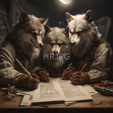 High Resolution: Three anthropomorphic wolves with realistic fur textures wearing brown leather jackets huddled around an illuminated wooden table writing with quills download. | HRJPG.com