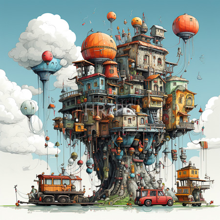 High Resolution: Intricate whimsical cityscape of floating buildings connected by ropes and balloons to large tree roots beneath them against a blue sky download. | HRJPG.com