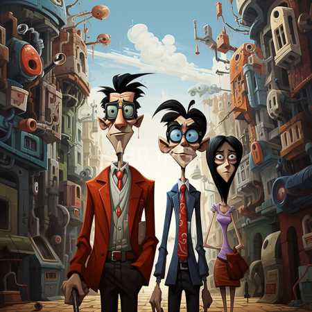 High Resolution: Cartoon illustration of three quirky tall characters with exaggerated features standing in an eclectic steampunk cityscape under a bright blue sky download. | HRJPG.com