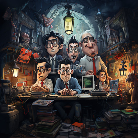 High Resolution: Illustration of six nerdy men with glasses wearing suits and ties in a cluttered attic-like room one sitting at a desk typing download. | HRJPG.com